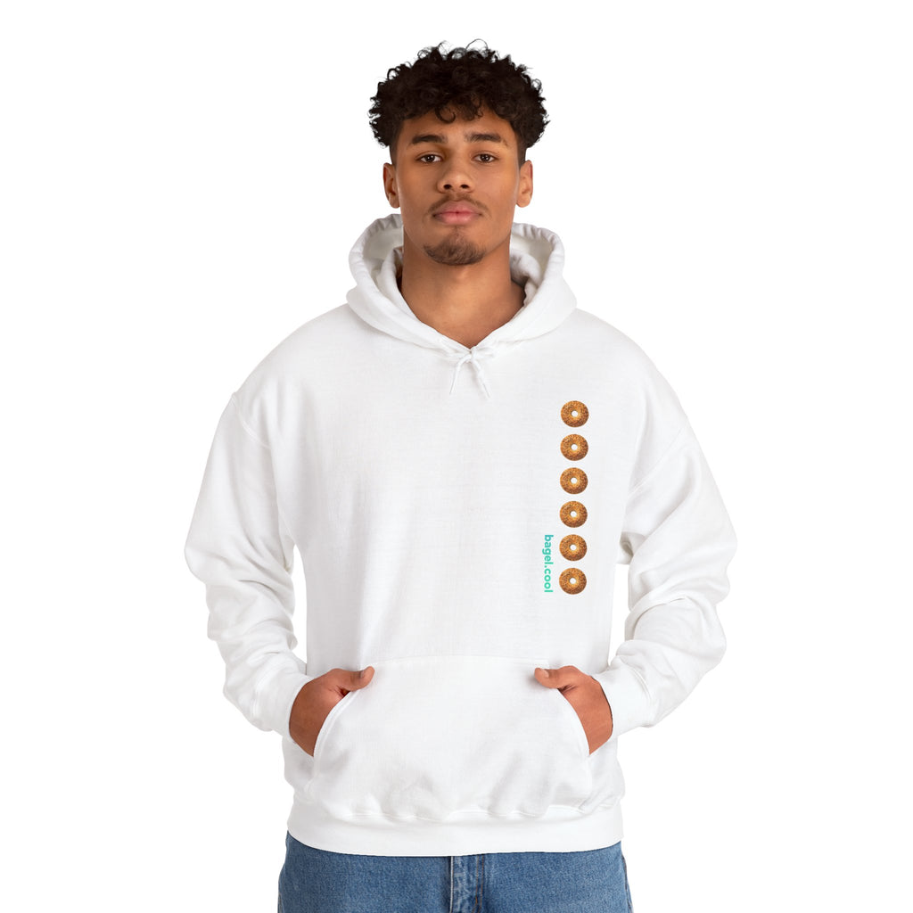 A man wearing a White hoodie with a stripe made of bagels on the right