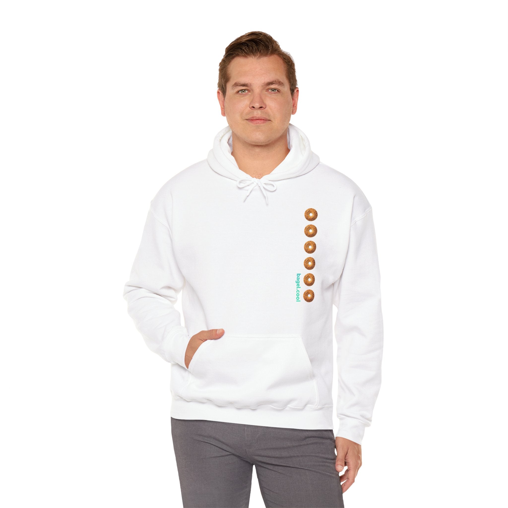 A man wearing a White hoodie with a stripe made of bagels on the right